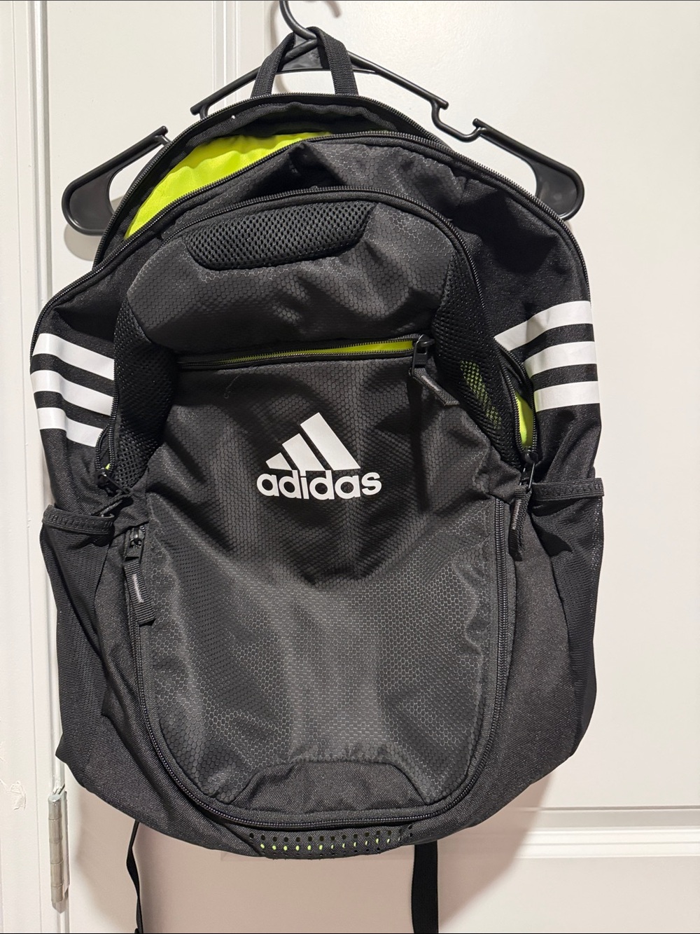 adidas Black Backpack with Neon Green Accents and White Stripes